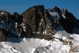 Beautiful Mount Sill. The Swiss Arete descends dramatically down and right from the summit.