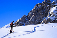An AAI guide skis towards the Southwest Ridge of Mount Frances on the Kahiltna Glacier.