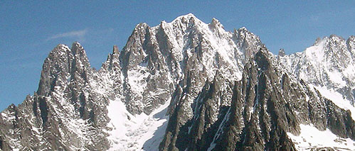 The Aiguille du Dru (left) are an extension of the west ridge of the Aiguille Verte (centre)